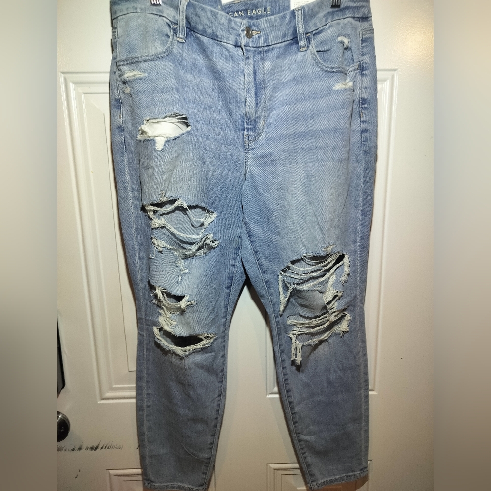 American Eagle Outfitters High Rise Distressed Jeans - Light Blue Size 16